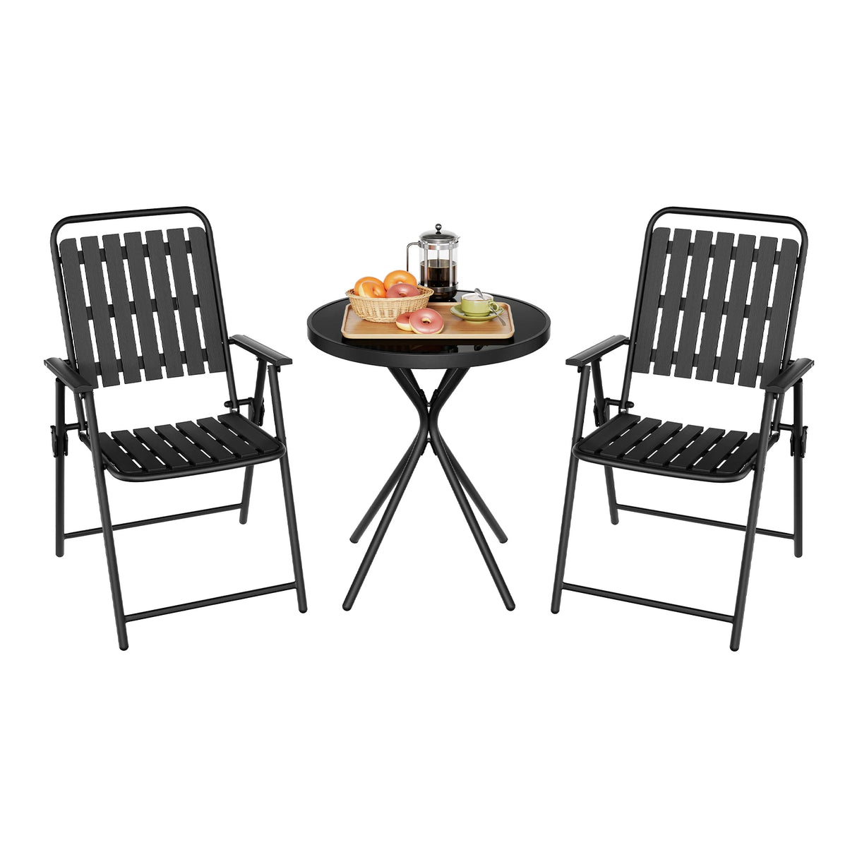 Luxe BukkitBow 3-delige bistroset met glazen tafel en klapstoelen, geschikt voor buitengebruik, strak en modern design