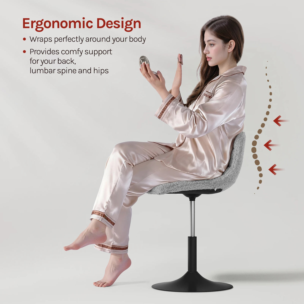 Luxe BukkitBow Chenille make-up barkruk in wit en grijs, hoog verstelbaar, comfortabele zitting en moderne uitstraling.