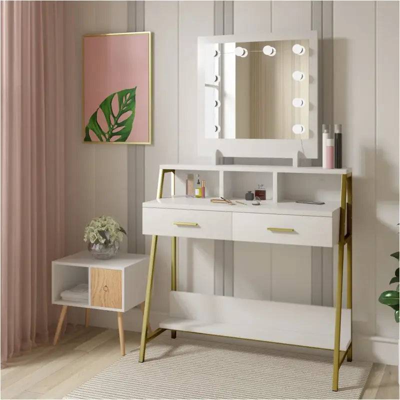 Luxe BukkitBow kaptafel met LED-spiegel, opbergruimte en twee lades, geschikt voor een stijlvolle slaapkamer of kleedkamer.