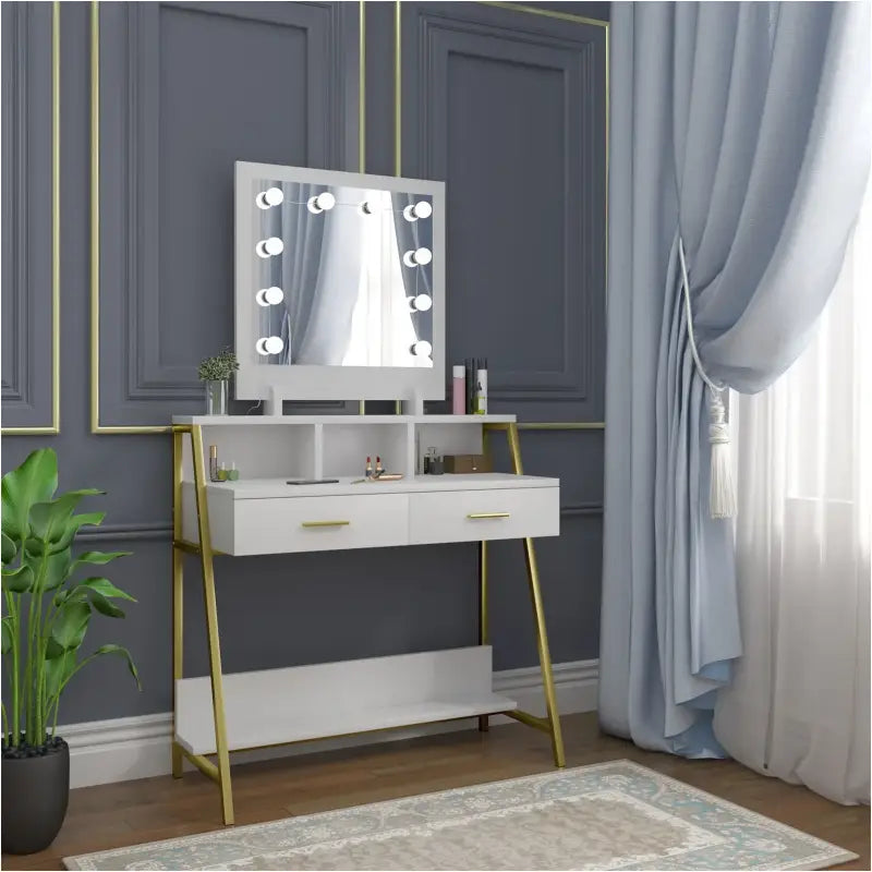 Luxe BukkitBow kaptafel met LED-spiegel, opbergruimte en 2 lades, perfect voor een stijlvolle slaapkamer.