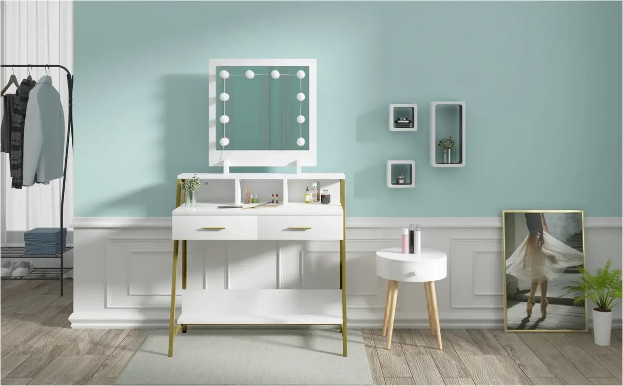 Luxe BukkitBow kaptafel met LED-spiegel, opbergruimte en 2 lades, stijlvolle meubel voor make-up en accessoires.