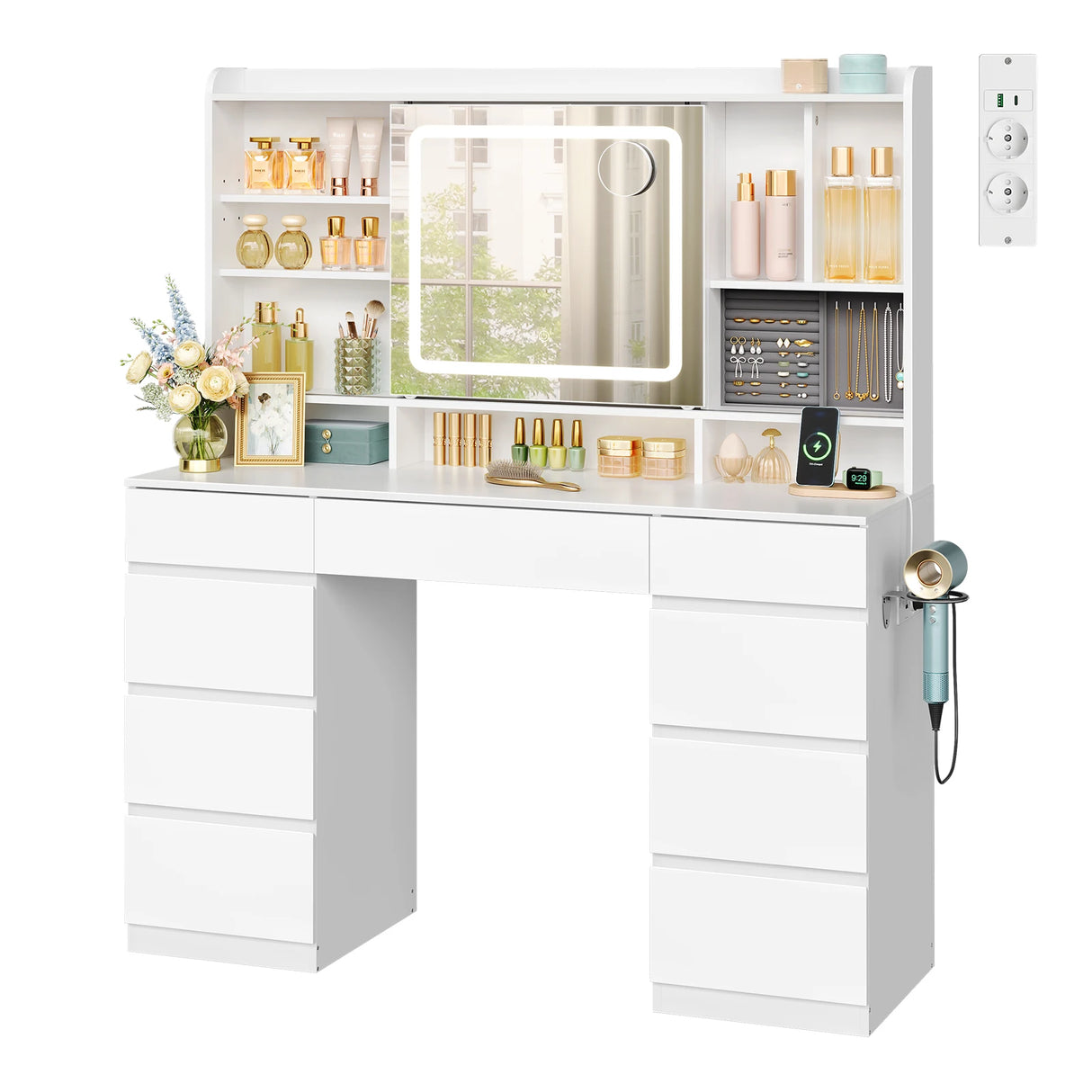 Luxe BukkitBow kaptafel met schuifspiegel, negen laden, stopcontact en USB-poort, elegante houten design.