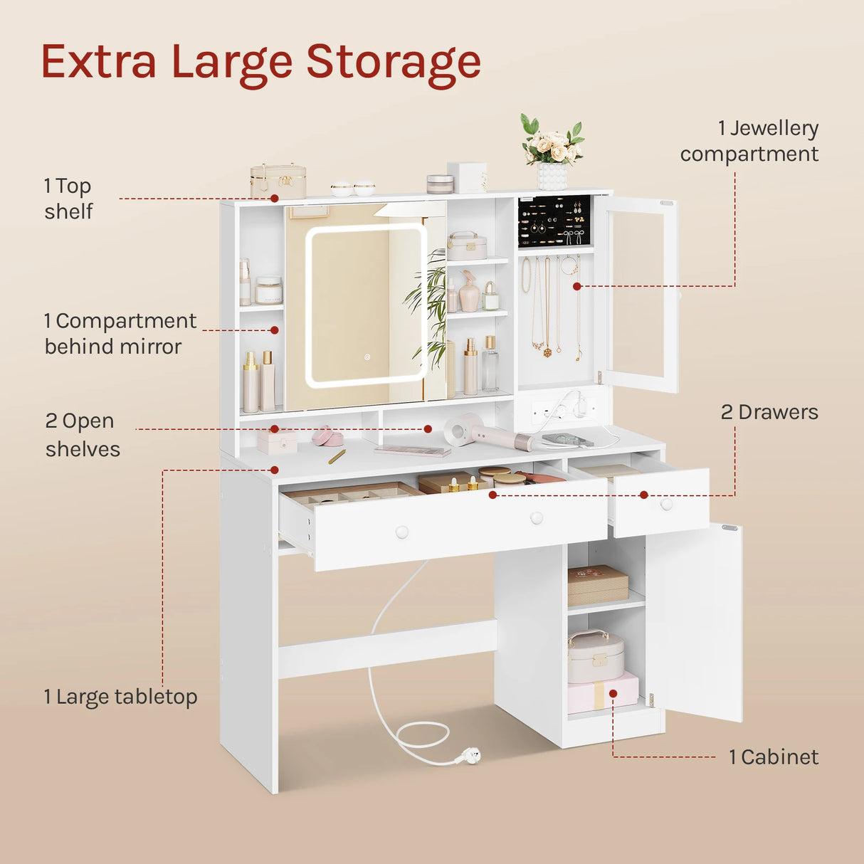 BukkitBow - Luxe Kaptafel met Schuifspiegel - Sieradenkast - Wit
