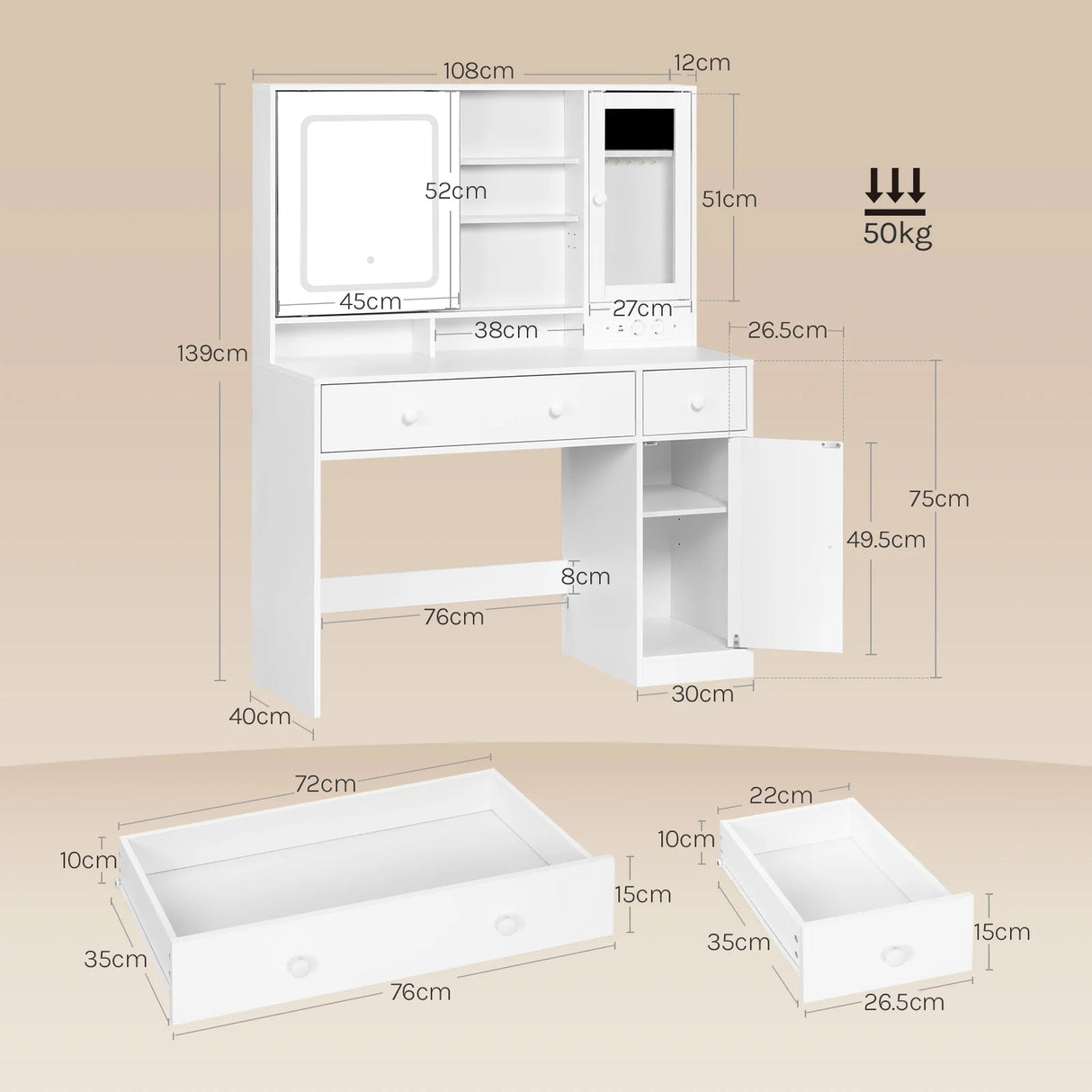 Luxe witte BukkitBow kaptafel met schuifspiegel en sieradenkast, elegant meubelstuk voor make-up en accessoires.