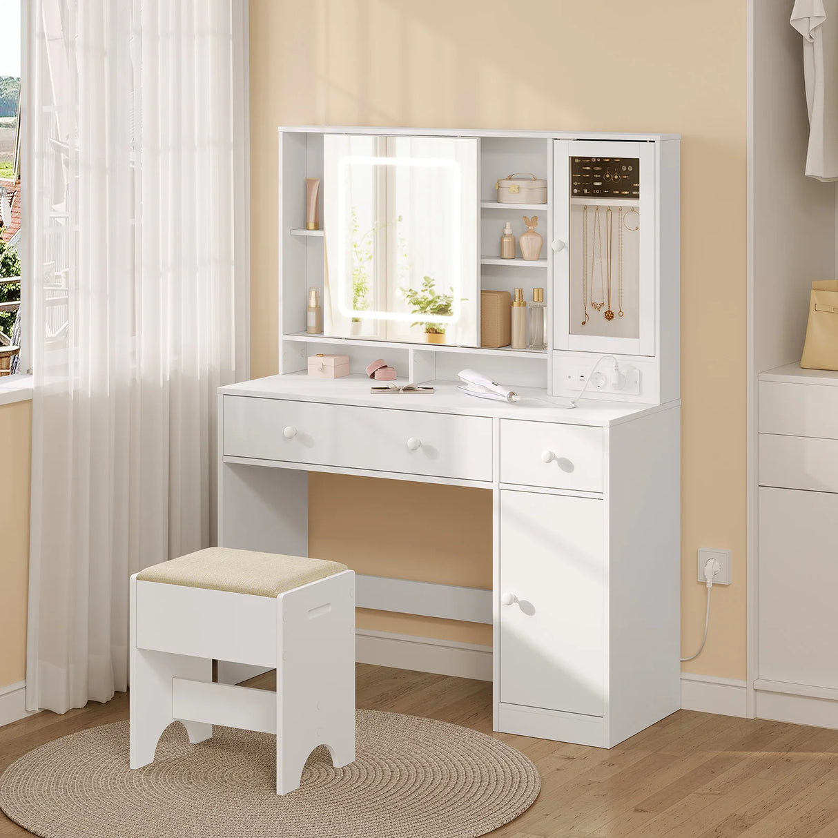 Witte BukkitBow luxe kaptafel met schuifspiegel en sieradenkast, elegant meubelstuk voor make-up en accessoires.