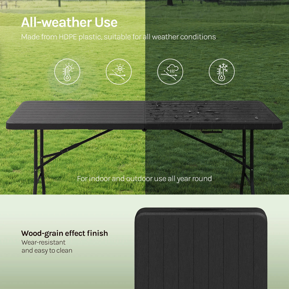 Luxe opvouwbare tuintafel van BukkitBow, 180cm, weerbestendig, ideaal voor buitengebruik, met houten uitstraling en stevige constructie.