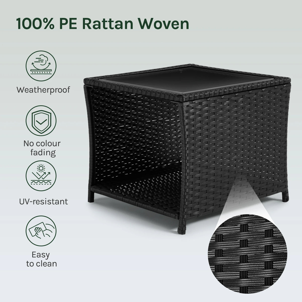 Luxe BukkitBow polyrattan bijzettafel met glazen blad en opbergvak, geschikt voor buiten, stijlvolle tuin- en terrasmeubels