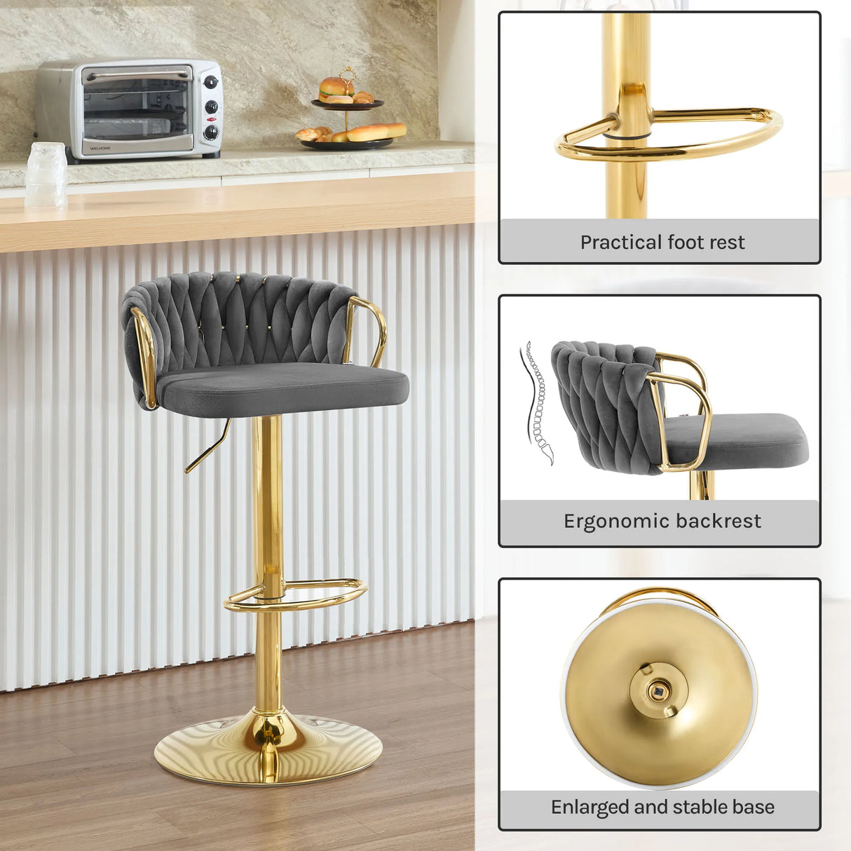 Luxe velvet barkruk van BukkitBow met gevlochten rugleuning en verstelbare hoogte, comfortabel en stijlvol voor in de eetkamer
