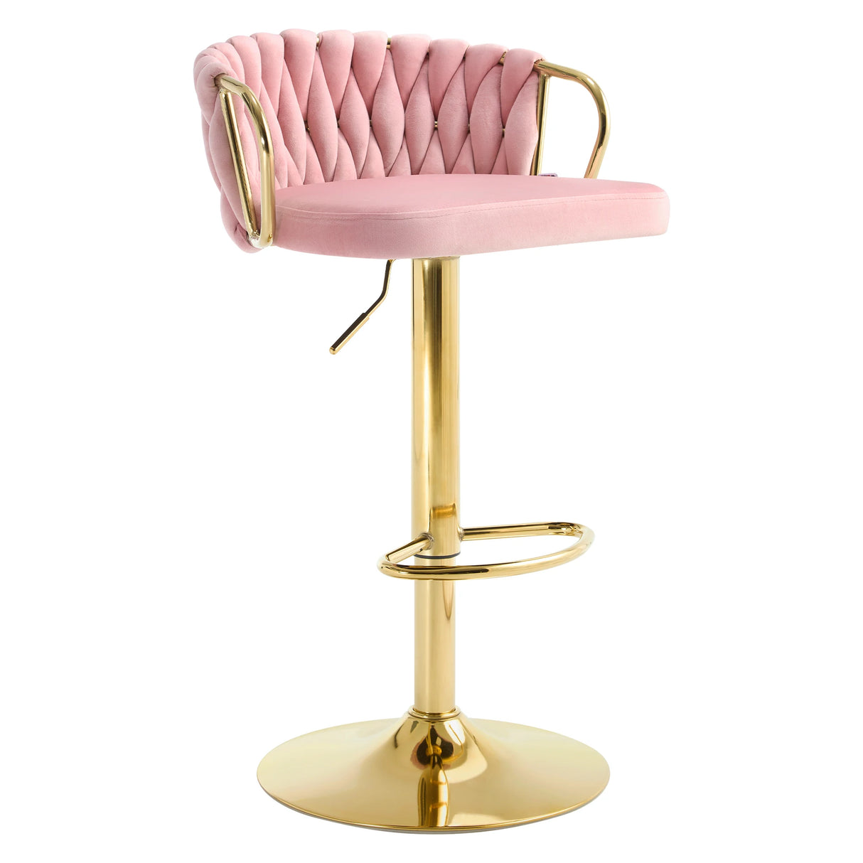 Luxe velvet barkruk van BukkitBow met gevlochten rugleuning en verstelbare hoogte voor stijlvolle zitervaring.