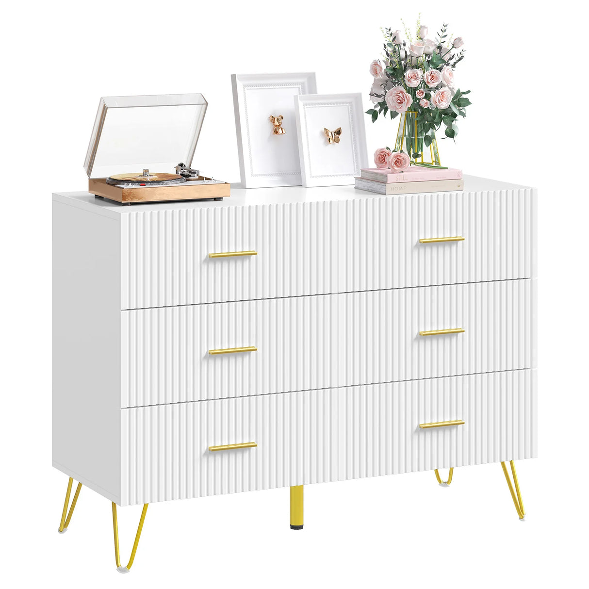 Luxe witte BukkitBow commode met 6 laden en gouden details, elegante opbergmeubel voor moderne interieurs