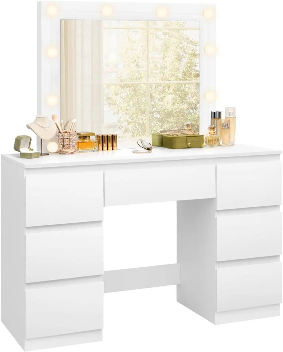 Luxe witte kaptafel van BukkitBow met LED-verlichting en zeven laden, modern ontwerp, geschikt voor slaapkamer of kleedruimte
