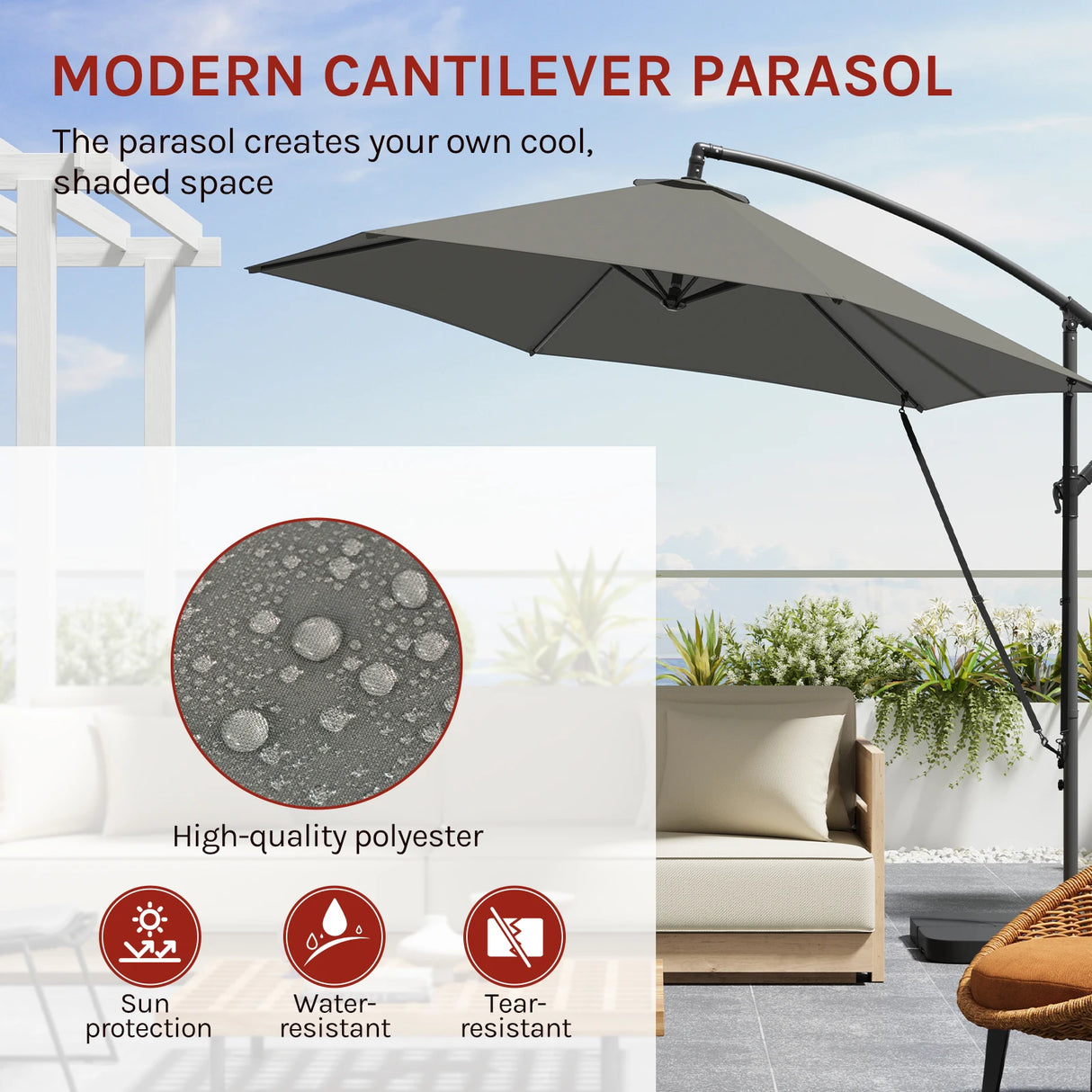 Luxe BukkitBow zwevende parasol met slinger en beschermhoes, 310 cm, grote ronde parasol voor buitengebruik.