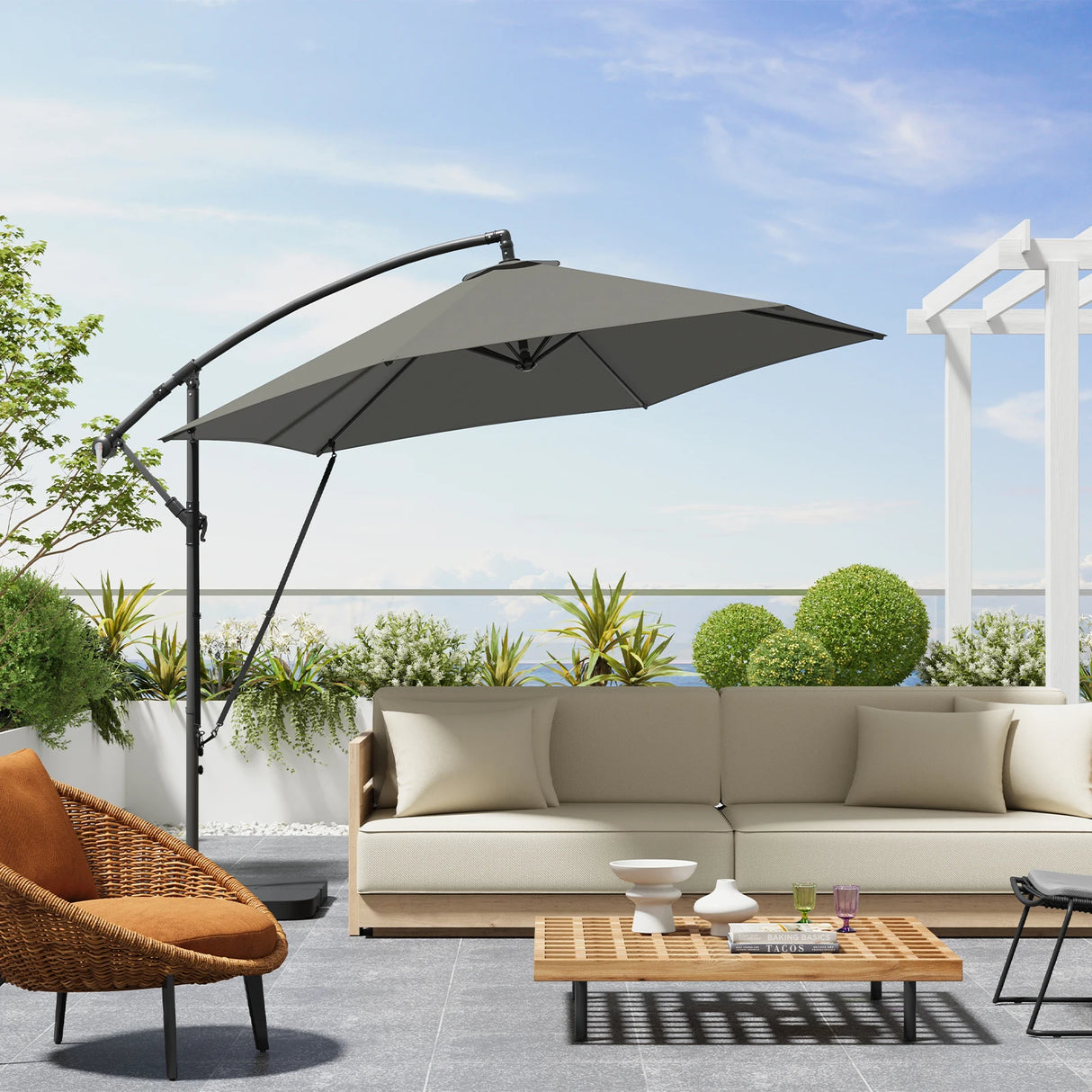 Luxe BukkitBow zwevende parasol van 310cm met sling, beschermhoes en stijlvolle design voor buitengebruik.