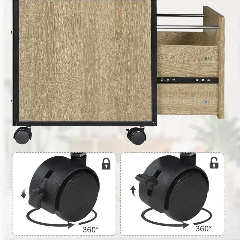BukkitBow mobiele compacte archiefkast met 2 planken, lade en eikenhouten details, zwart metalen frame, afmetingen 40x40x60cm.
