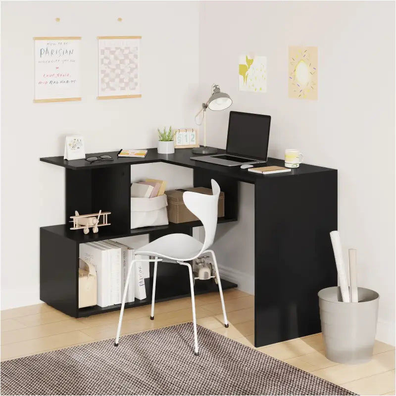 BukkitBow modern hoekbureau met opbergkast in wit of zwart, stabiel en ruim ontwerp, 100x40cm of 80x50cm, geschikt als bureau.