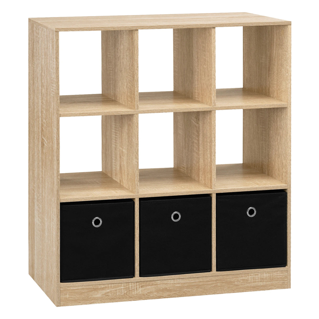 Moderne BukkitBow vakkenkast met 3 stoffen laden en open boekenkast, ideaal voor opberg- en displaydoeleinden.