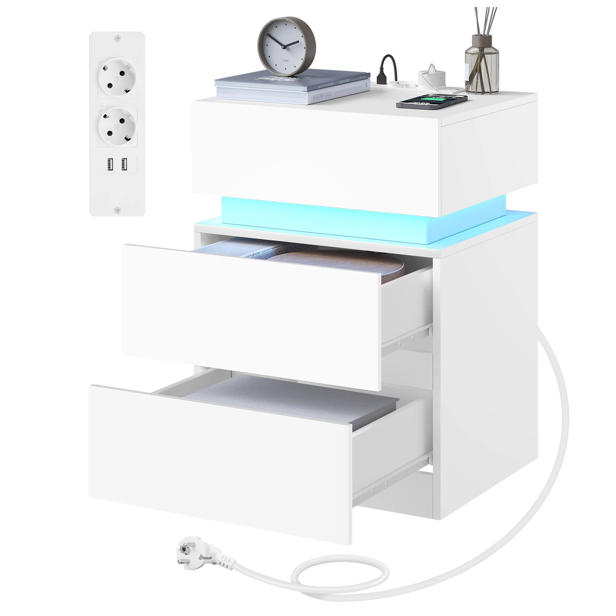 Modern wit BukkitBow nachtkastje met RGB LED-verlichting en USB-poorten, strak ontwerp voor in de slaapkamer.