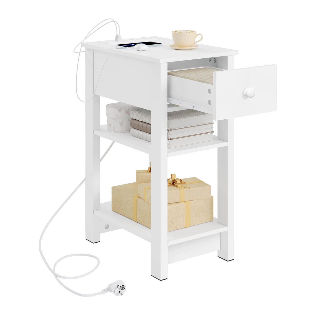 Wit BukkitBow nachtkastje met stopcontact en USB-poort, smal en modern design, geschikt voor slaapkamer.