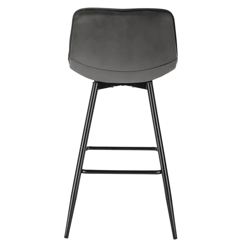Moderne BukkitBow barkruk van fluweel met metalen frame, ergonomisch ontwerp en rugleuning, zithoogte 64,5 cm en draagvermogen 100 kg.