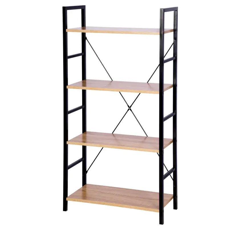 Moderne BukkitBow boekenkast met zwarte metalen structuur en licht eikenhouten planken, 4 lagen, afmetingen 60x28x116 cm.