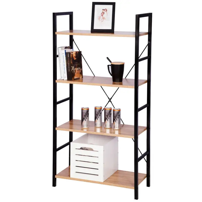 Moderne BukkitBow boekenkast met 4 lagen, zwart metalen frame en licht eikenhouten planken, afmetingen 60x28x116 cm.