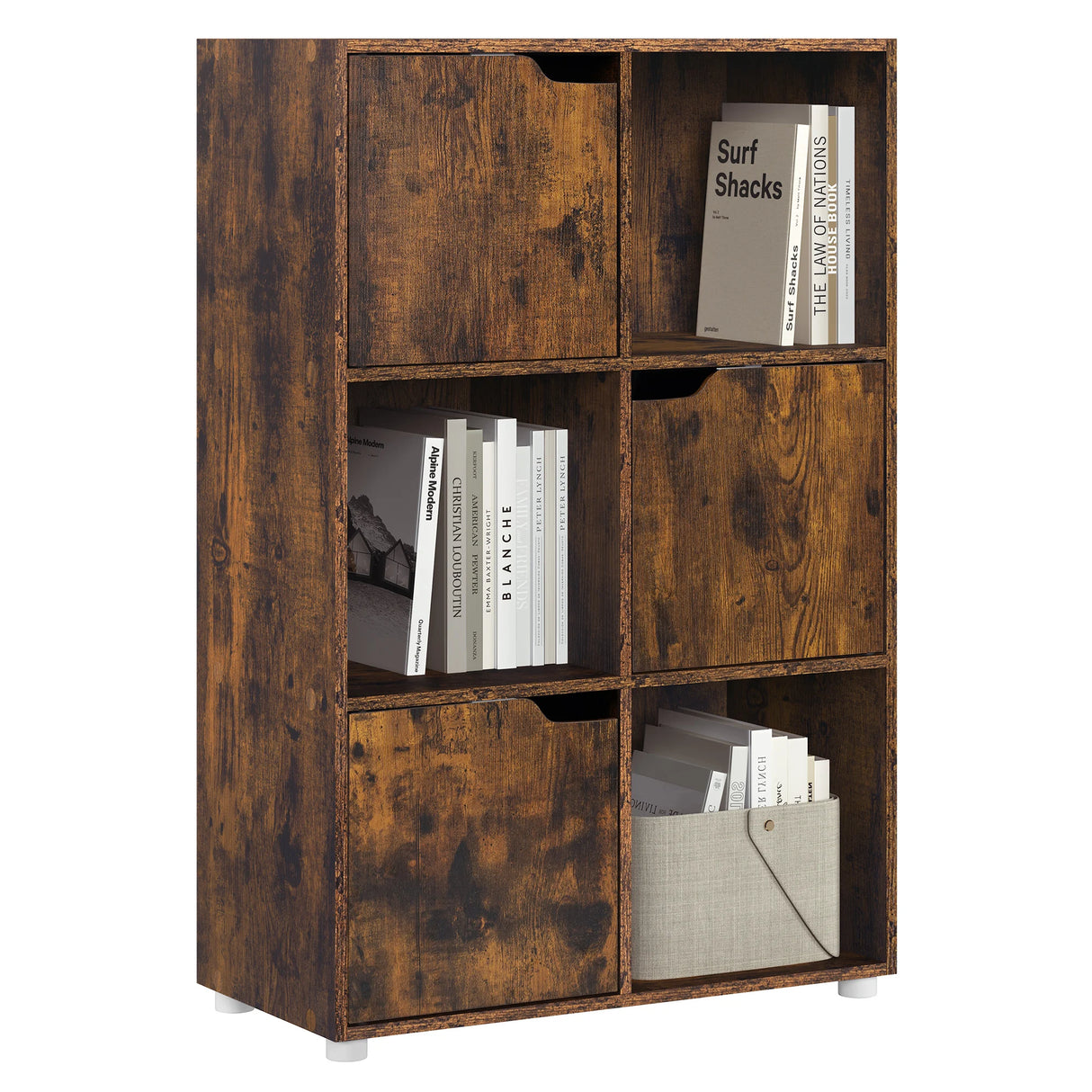 Moderne BukkitBow boekenkast met 6 vakken, 3 deurtjes en Scandinavisch ontwerp, passend voor woonkamer of kantoor.