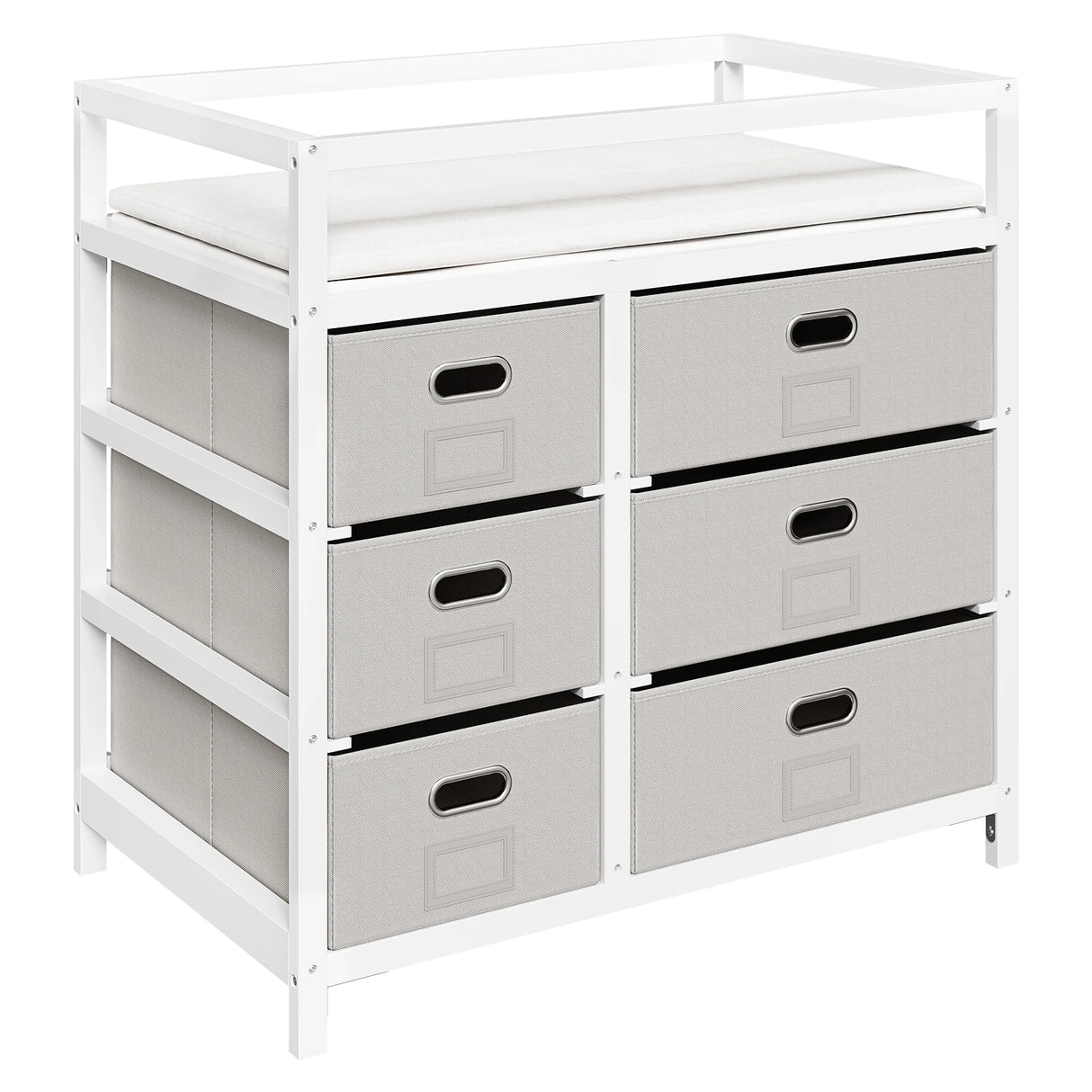 Moderne BukkitBow commode met 6 laden en aankleedblad in wit en grijs, zichtbaar in de afbeelding.