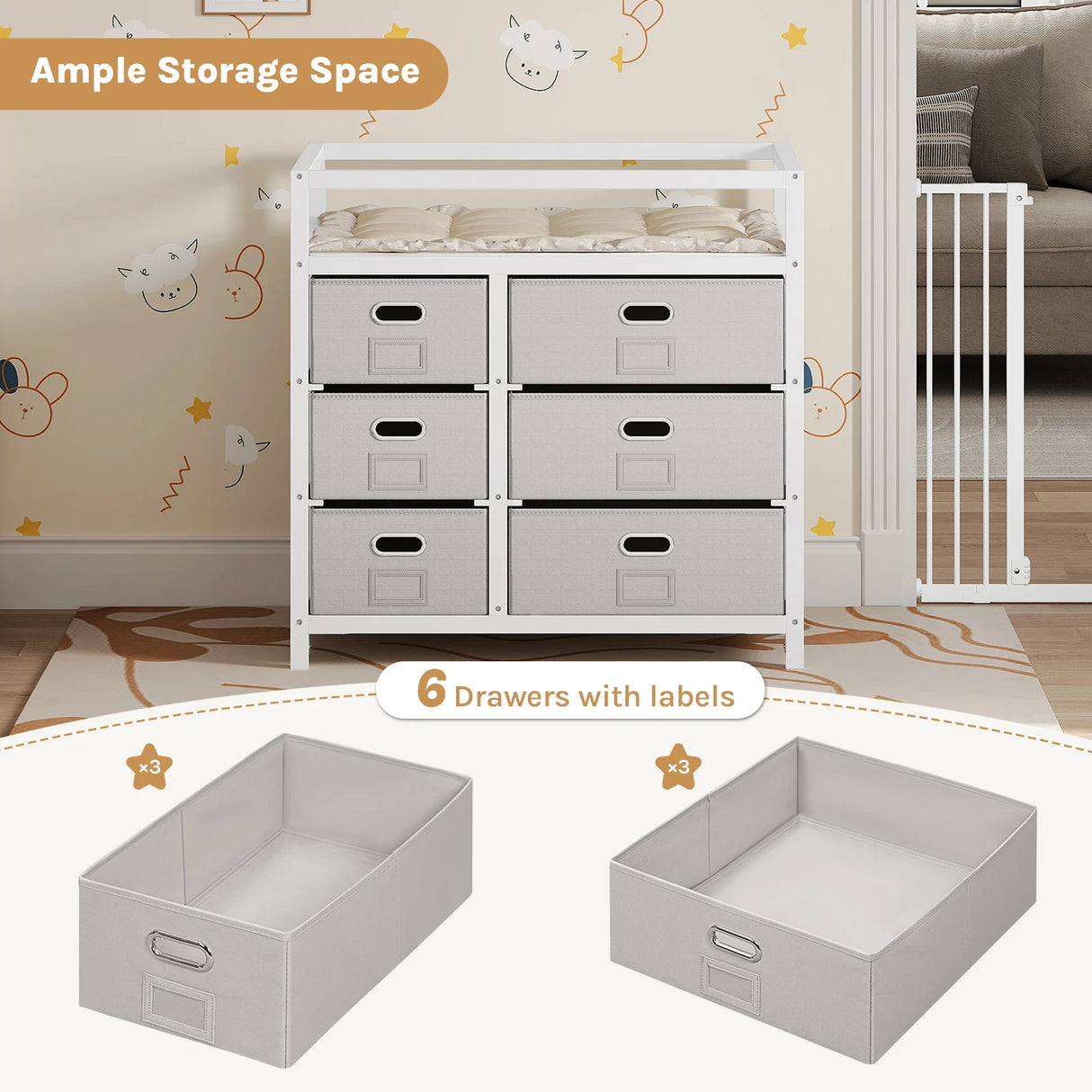 Moderne BukkitBow commode met 6 laden en aankleedblad, wit en grijs, strak design, geschikt voor slaapkamer of kinderkamer.