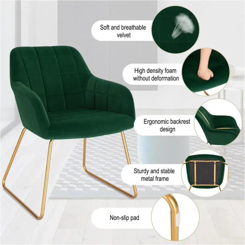 Moderne BukkitBow eetkamerstoel van fluweel met gouden metalen poten, comfortabele zithoogte van 48,5 cm en stijlvolle uitstraling.