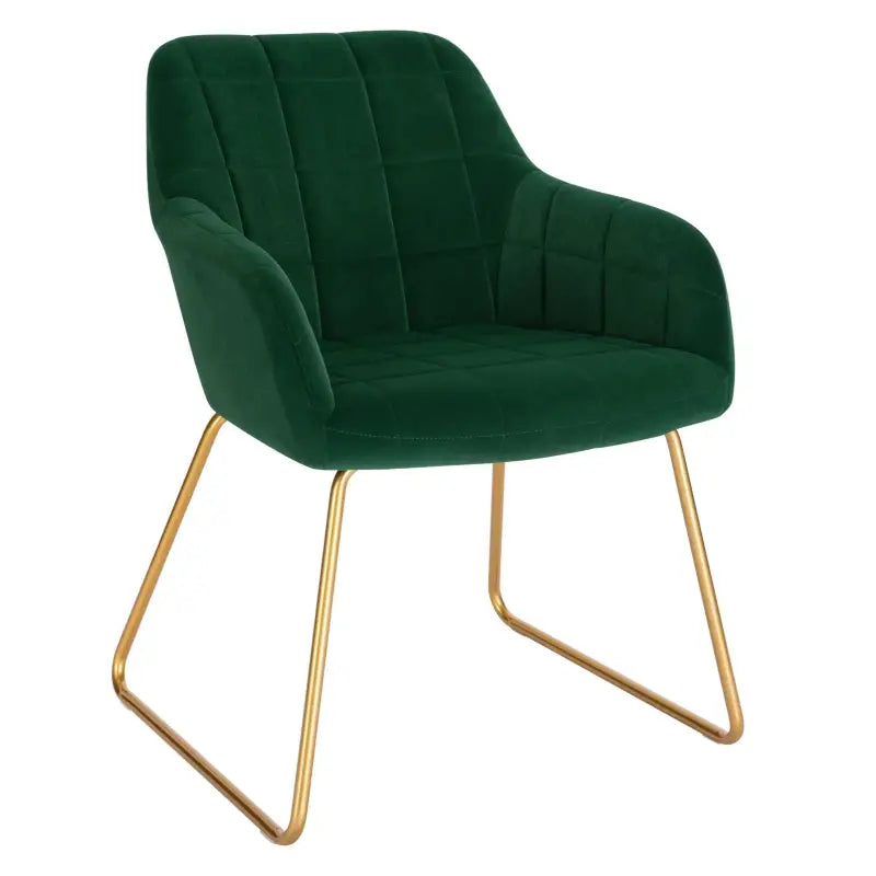 Moderne BukkitBow eetkamerstoel van fluweel met gouden metalen poten, stijlvolle en comfortabele zithoogte van 48,5 cm.