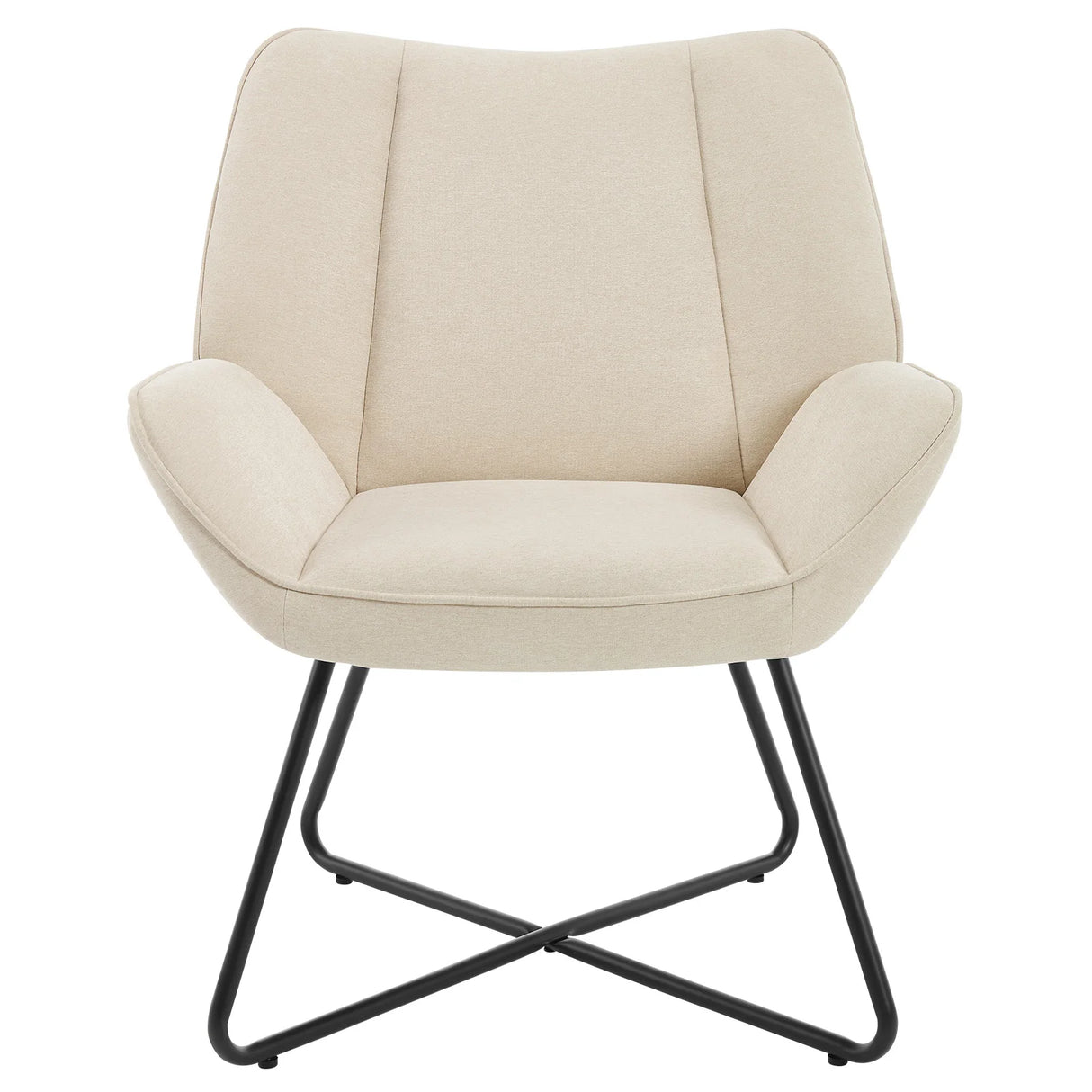 Moderne linnen BukkitBow fauteuil met X-vormig onderstel, elegante zithoek met comfortabele bekleding.