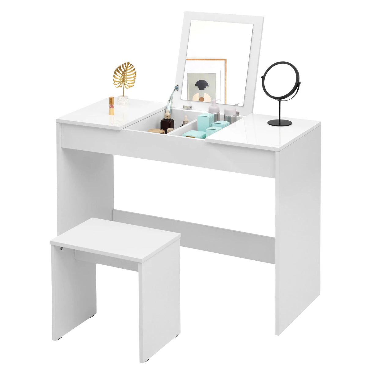 Moderne BukkitBow kaptafel met inklapbare spiegel en bijpassende kruk, helder en stijlvol design voor slaapkamer of kleedkamer.