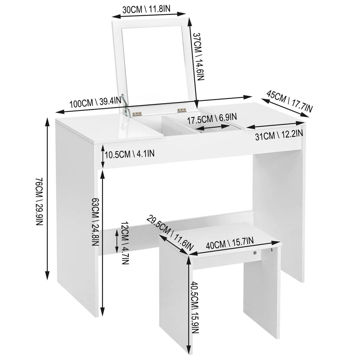 Moderne BukkitBow kaptafel met inklapbare spiegel en bijpassende kruk, elegant meubelstuk voor je slaapkamer of kleedruimte
