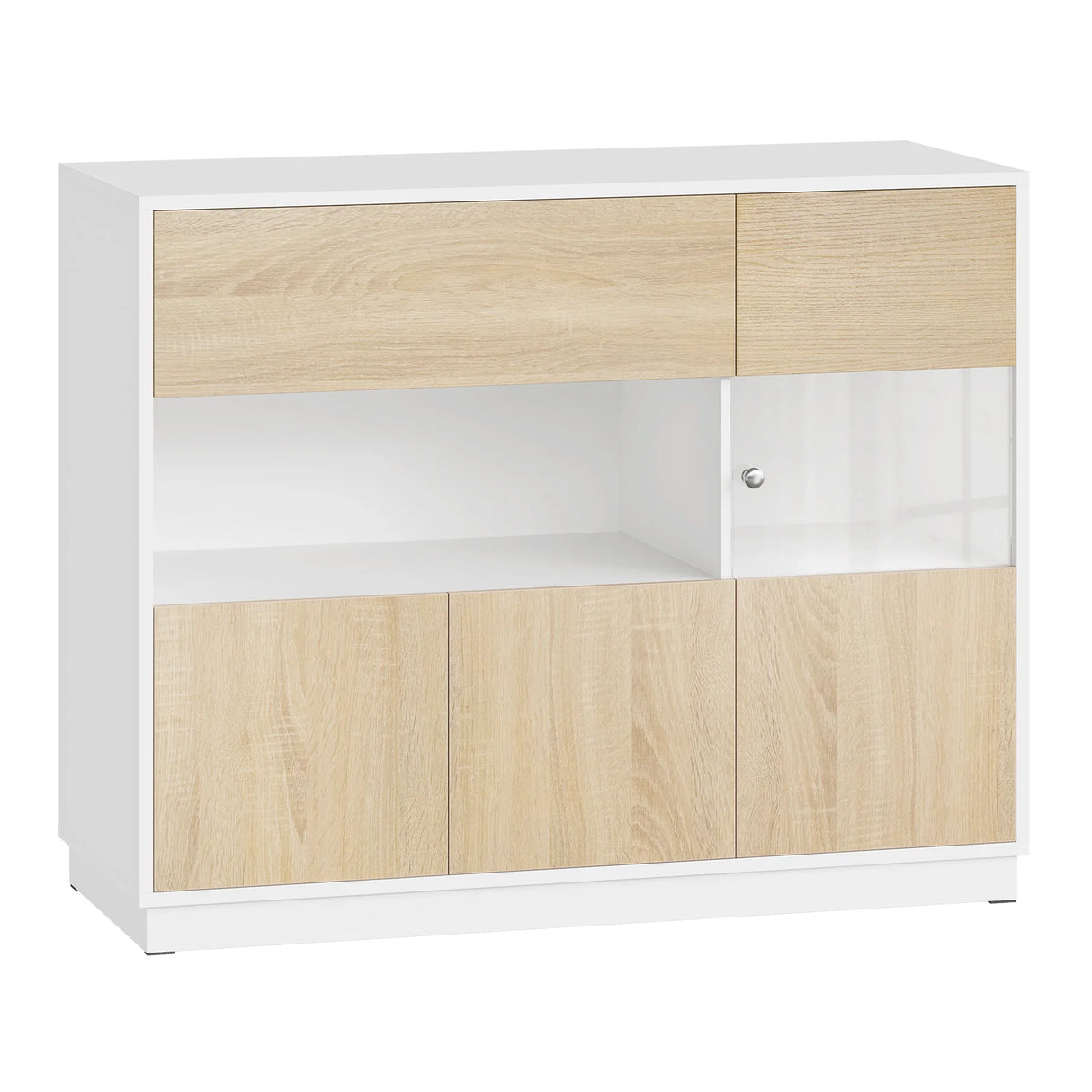 Moderne Scandinavische BukkitBow dressoir met acrylglazen deuren en houten afwerking, geschikt voor woonkamer of eetkamer.
