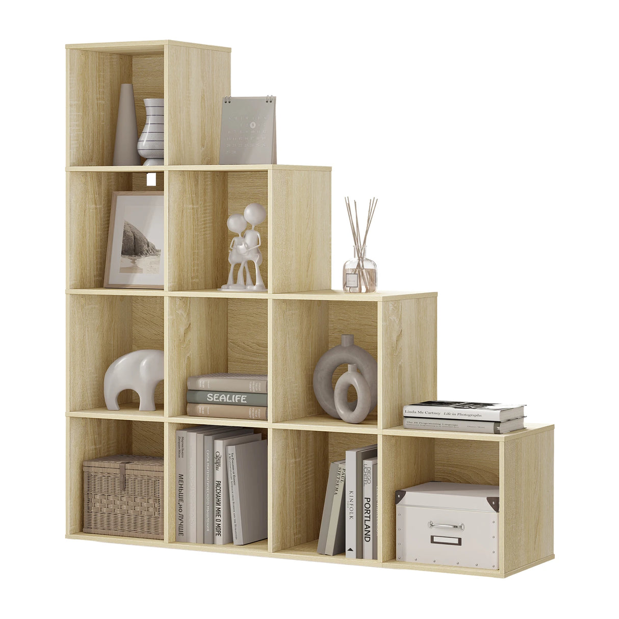 Moderne BukkitBow boekenkast met 10 open vakken in L-vorm, strak design en houtlook voor stijlvolle opbergruimte.