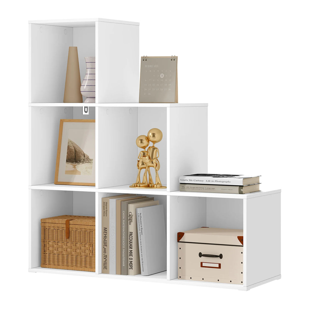 Moderne BukkitBow boekenkast met trapvorm, 6 open vakken, houten design, geschikt voor woonkamer of studeerkamer