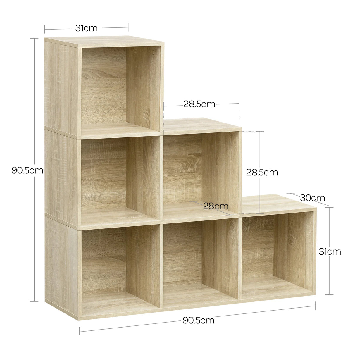 Moderne BukkitBow boekenkast met trapvorm en zes open vakken, gemaakt van hout, ideaal voor woon- of kantoorruimte.