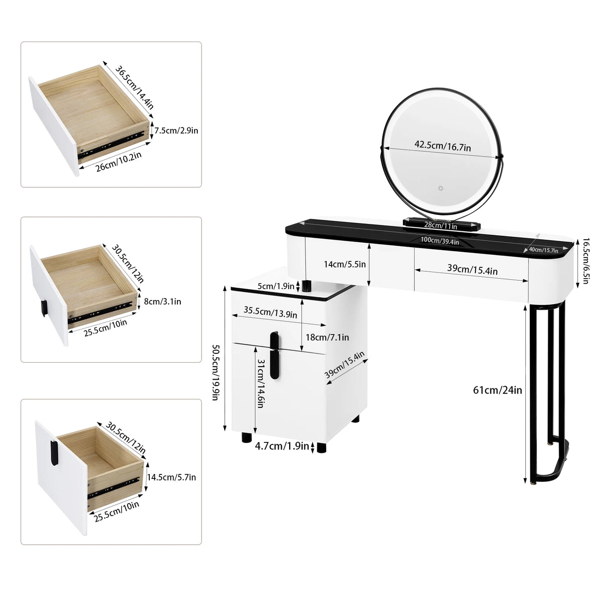 Moderne witte BukkitBow kaptafel met LED-spiegel en velvet krukje, elegante en functionele make-up tafel voor in de slaapkamer.