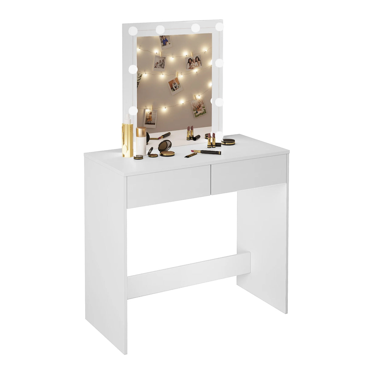 Moderne witte BukkitBow kaptafel met LED-verlichting en twee laden, ideaal voor slaapkamer of garderobe.