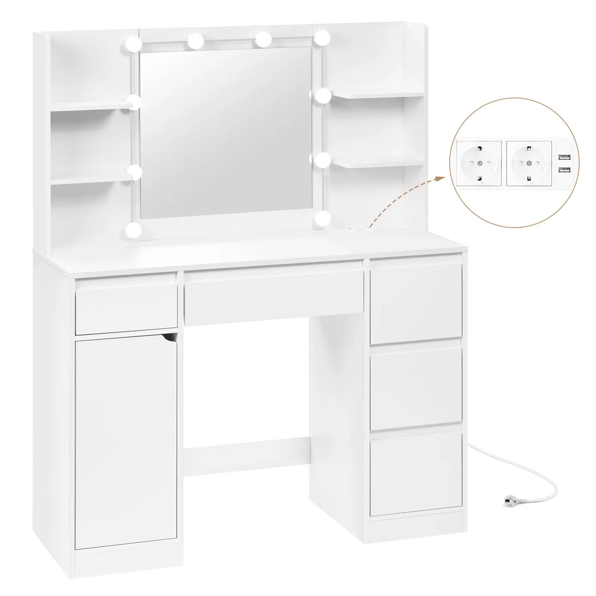 Moderne witte BukkitBow kaptafel met stopcontact en Hollywood-verlichting, inclusief spiegel en stijlvolle details.