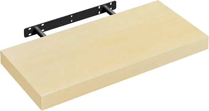 Moderne BukkitBow zwevende wandplank met verborgen bevestiging en houtlook, geschikt voor woonkamer of slaapkamer.