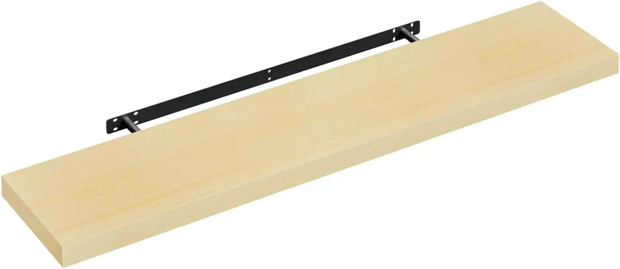 Moderne zwevende wandplank van BukkitBow met verborgen bevestiging en houtlook, geschikt voor een strakke, minimalistische inrichting.