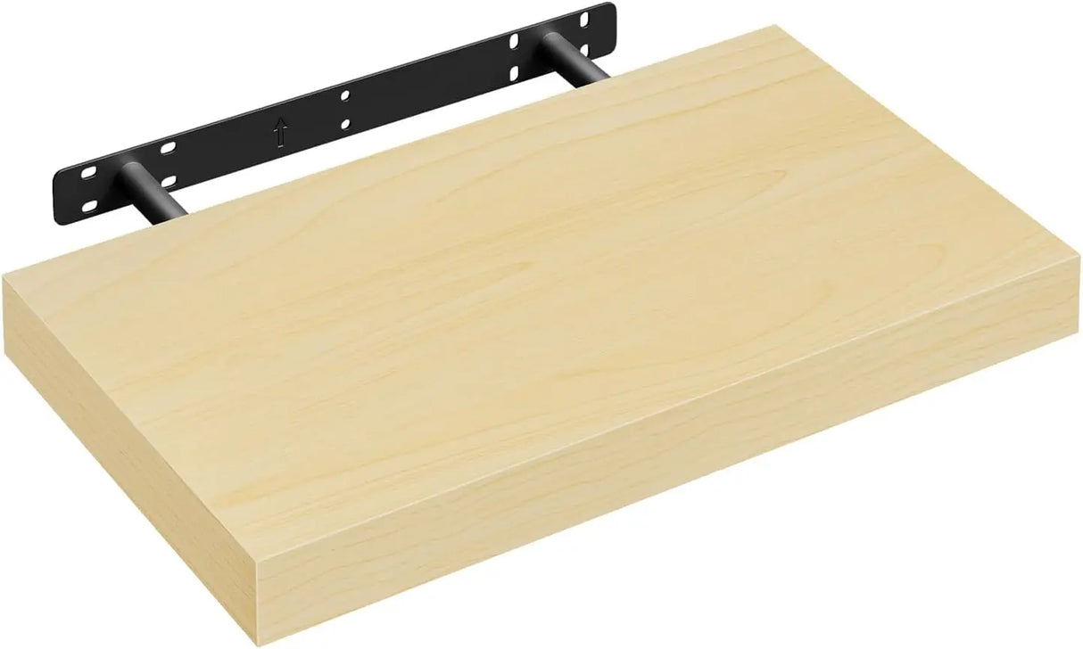Moderne BukkitBow zwevende wandplank met verborgen bevestiging en houtlook, geschikt voor stijlvolle interieurdecoratie.