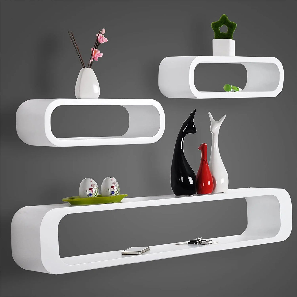 Moderne BukkitBow zwevende wandplanken set van 3, strakke houten wandplank voor decoratie en opbergruimte.