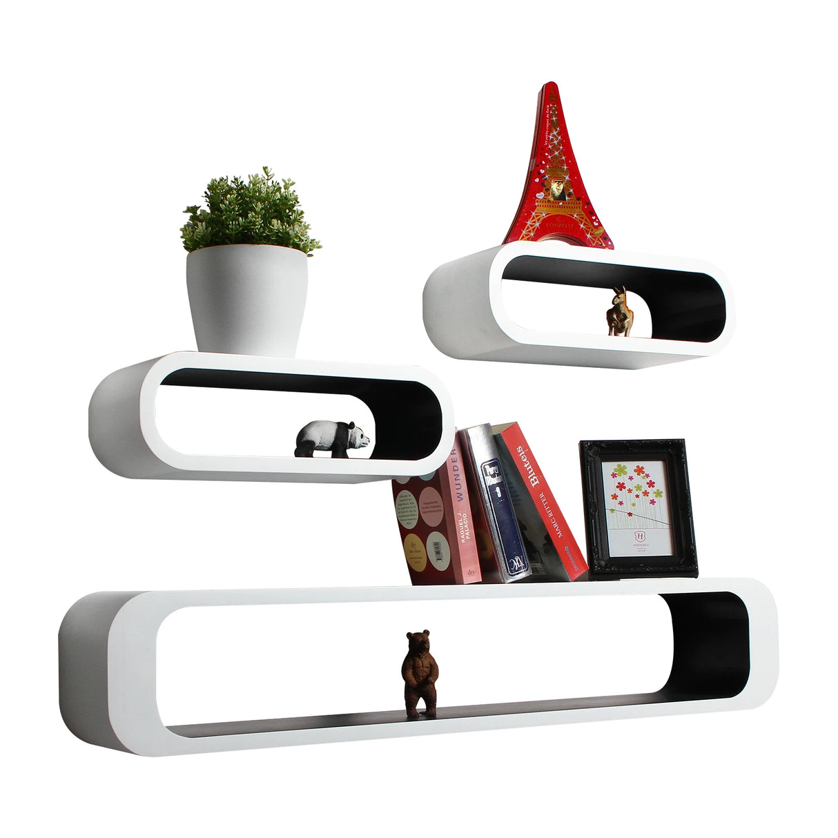 Moderne BukkitBow zwevende wandplanken set van 3, strakke en minimalistische wandplank voor in huis of kantoor