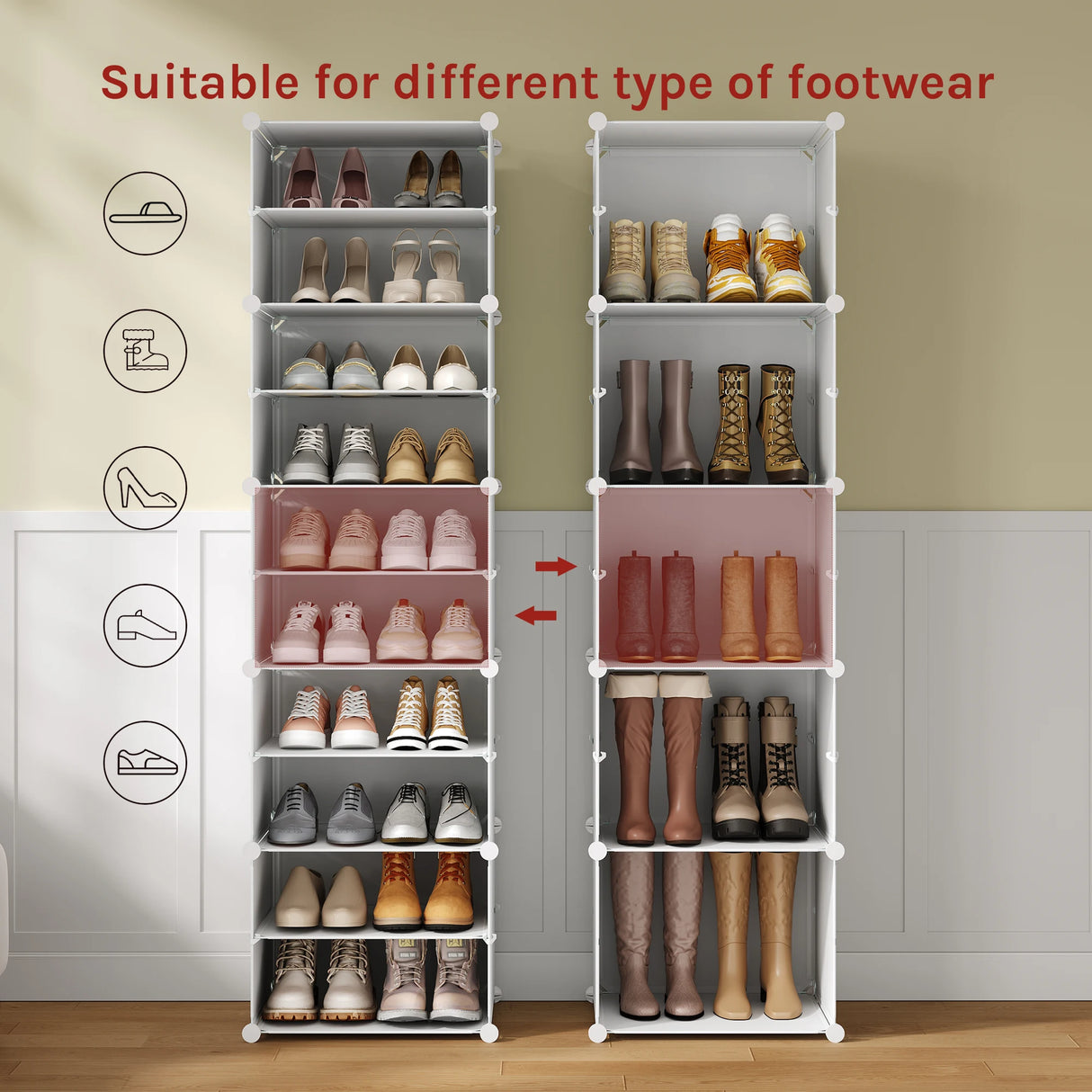 Modulair schoenenrek van BukkitBow met 10 vakken voor 40 paar schoenen, wit en zwart, overzichtelijk en praktisch.