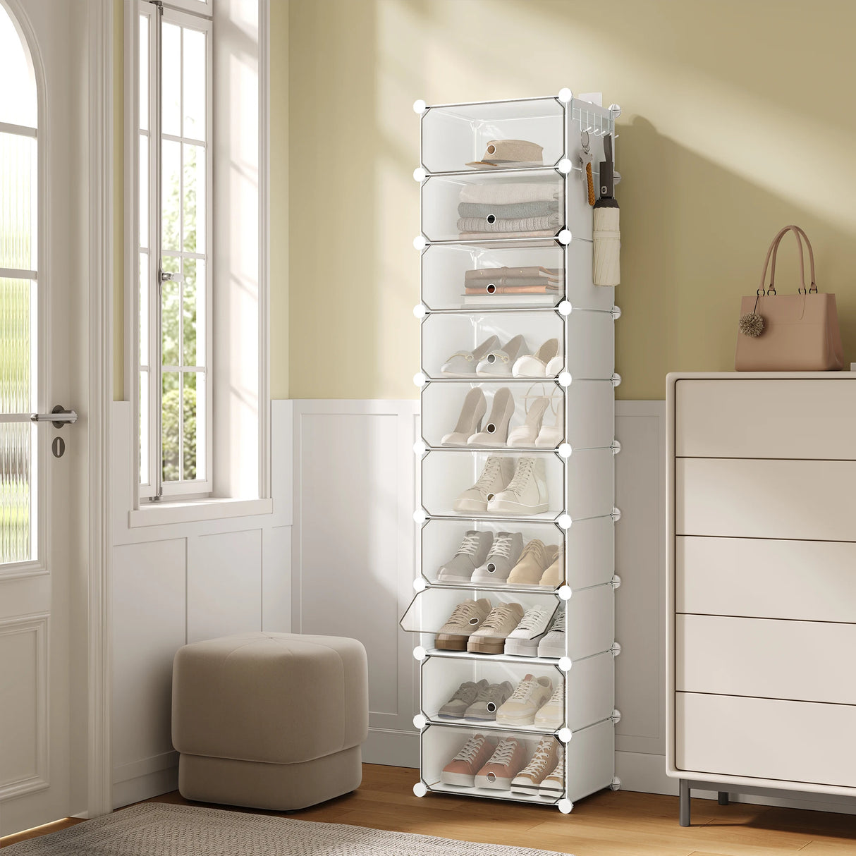 Wit BukkitBow modulaire schoenenkast met 10 vakken, stofvrij, overzichtelijk schoenenrek met meerdere opbergvakken