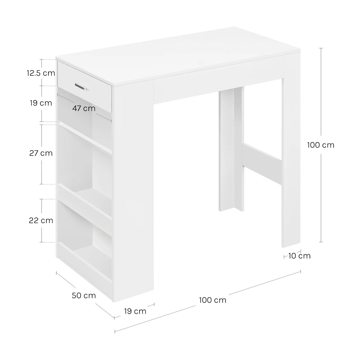 Multifunctionele bartafel van BukkitBow met wijnrek, lade en modern design, zichtbaar met houten blad en metalen frame.