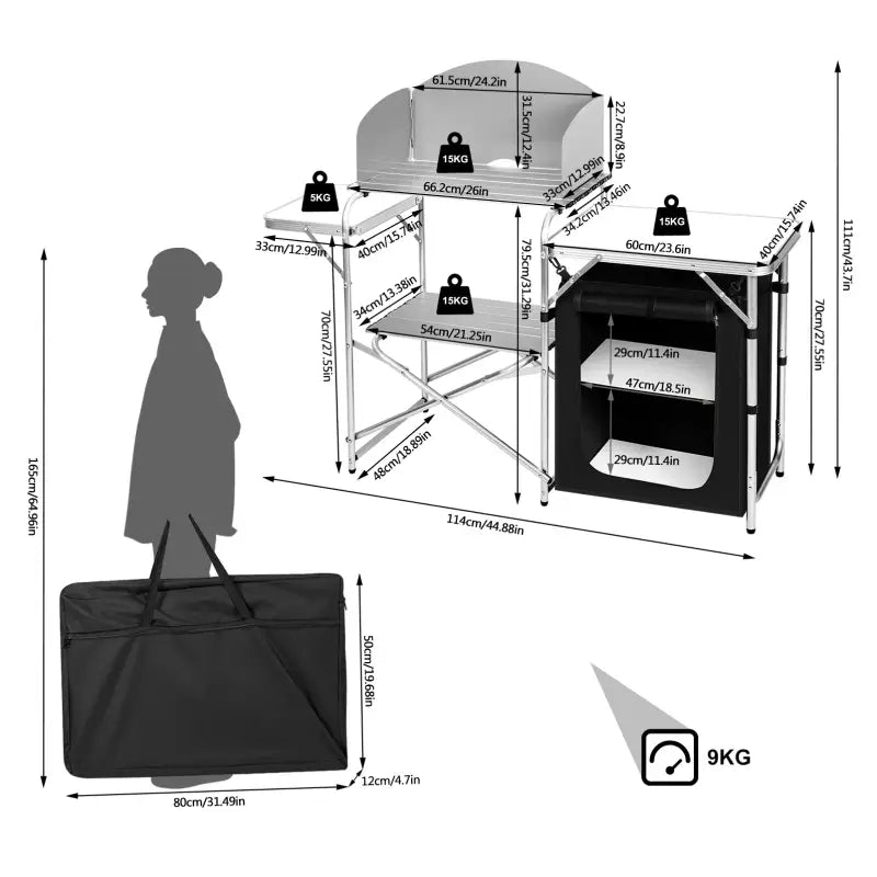 BukkitBow multifunctionele campingkeuken tafel van roestvrij staal, MDF en Oxford-doek, inclusief opbergtas, afmeting 147x40x111cm.