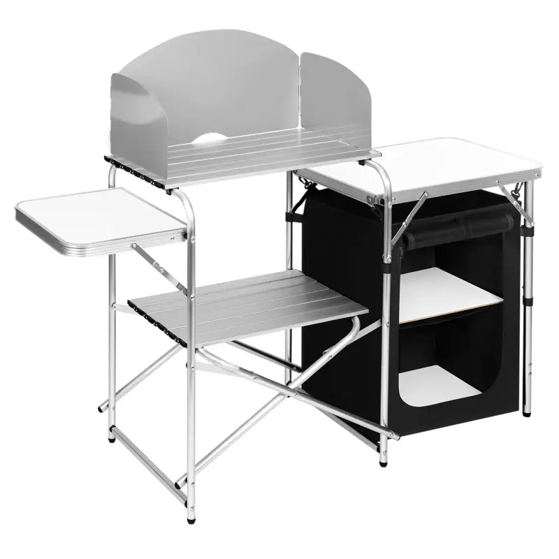 BukkitBow multifunctionele campingtafel van roestvrij staal met MDF en Oxford-doek, inclusief opbergtas, 147x40x111cm, 60kg draagvermogen